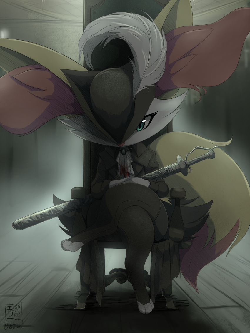 1girl, absurdres, animal_ear_fluff, animal_ears, animal_feet, animal_nose, artist_name, ascot, backlighting, black_coat, black_hat, black_thighhighs, blood_on_clothes, bloodborne, blue_eyes, blue_gem, body_fur, braixen, brooch, chair, clothed_pokemon, coat, cosplay, crossed_legs, dated, deviantart_username, eryz, female_focus, flat_chest, fog, fox_ears, fox_girl, fox_tail, full_body, furry, furry_female, gem, gen_6_pokemon, hat, hat_feather, highres, holding, holding_sword, holding_weapon, indoors, jewelry, lady_maria_of_the_astral_clocktower, lady_maria_of_the_astral_clocktower_(cosplay), long_sleeves, looking_at_viewer, nintendo, one_eye_covered, open_clothes, open_coat, own_hands_together, pokemon, pokemon_(creature), sheath, sheathed, signature, sitting, solo, straight-on, sword, tail, thick_thighs, thighhighs, thighs, toeless_legwear, torn_ascot, torn_clothes, tricorne, twitter_username, weapon, white_ascot, white_fur, wide_hips