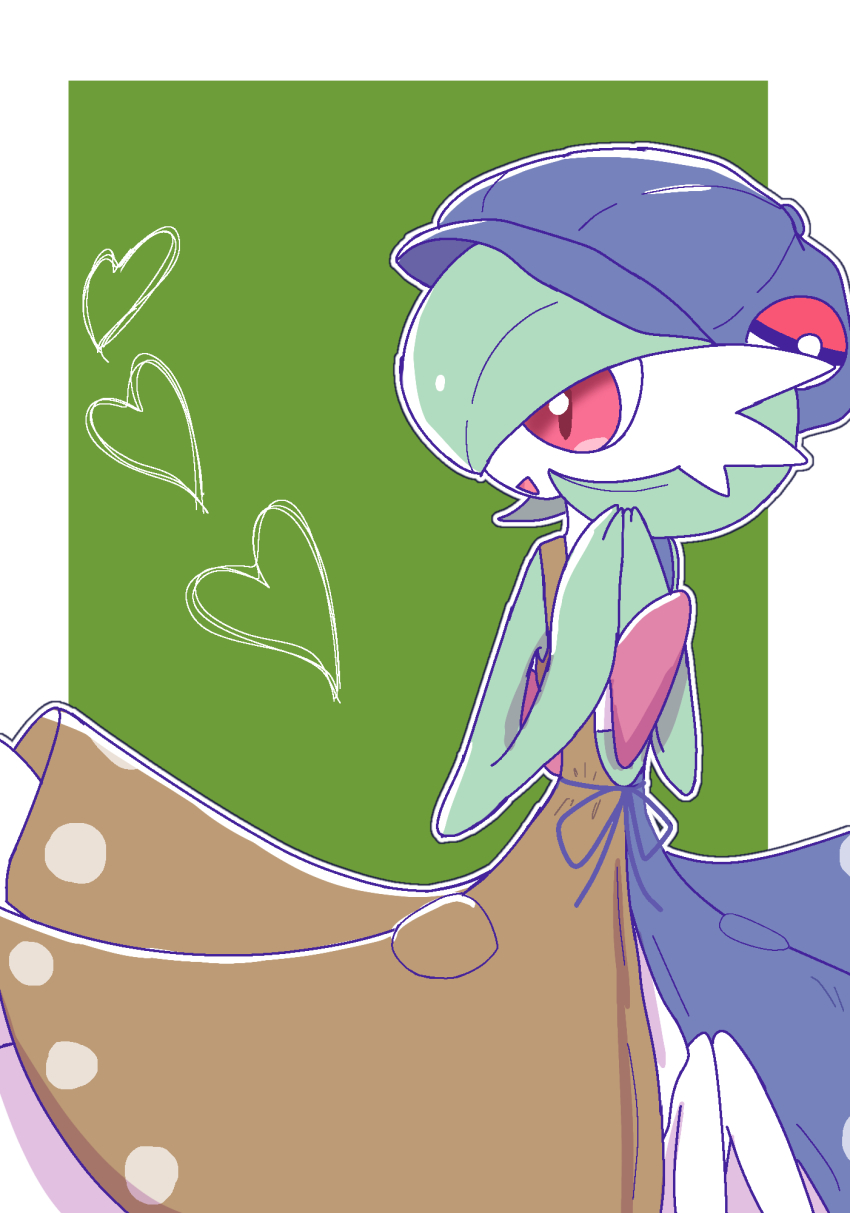 1girl, blue_dress, blue_hat, bob_cut, border, brown_dress, newsboy_cap, clothed_pokemon