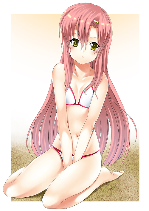 barefoot, bikini, flat_chest, gradient_background, hair_between_eyes, hayate_no_gotoku!, katsura_hinagiku, kneeling