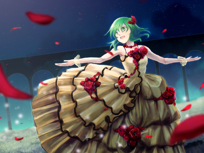 1girl, arch, bare_shoulders, dress, female_focus, flower, green_eyes, green_hair