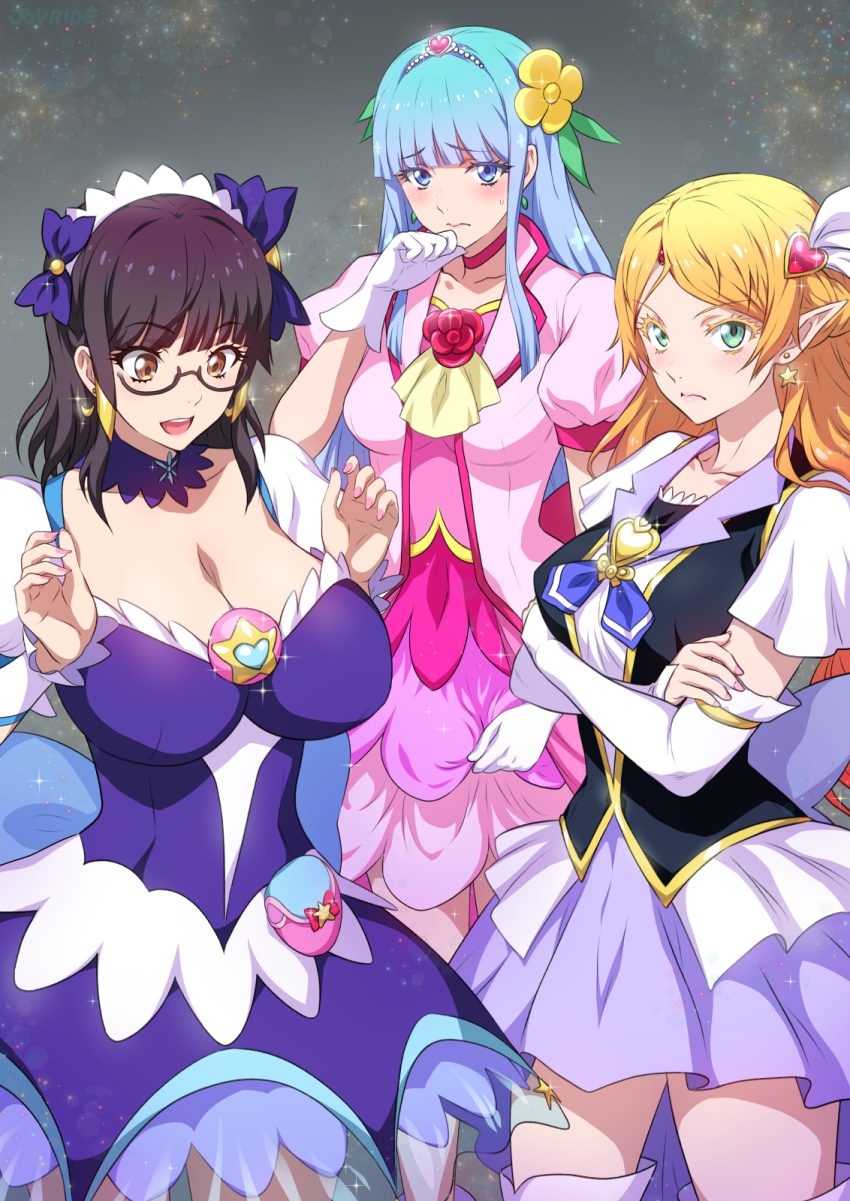 3girls, arm_warmers, black_hair, blonde_hair, blue_eyes, blue_hair, breasts, brooch, brown_eyes, cleavage, closed_mouth, collar, collarbone, cosplay, cowboy_shot, cure_fortune_(cosplay), cure_grace_(cosplay), cure_selene_(cosplay), detached_sleeves, dress, fujimiya_sumika_(isekai_ojisan), glasses, gloves, green_eyes, grey_background, happinesscharge_precure!, healin'_good_precure, heart, heart_brooch, highres, in-franchise_crossover, isekai_ojisan, jewelry, joy_ride, large_breasts, looking_at_viewer, mabel_raybert, magical_girl, matching_hair/eyes, medium_breasts, multiple_girls, nail_polish, open_mouth, pointy_ears, precure, purple_dress, short_hair, short_sleeves, standing, star_(sky), star_twinkle_precure, sui_(isekai_ojisan), thighs, tiara, voice_actor_connection, white_arm_warmers, white_gloves