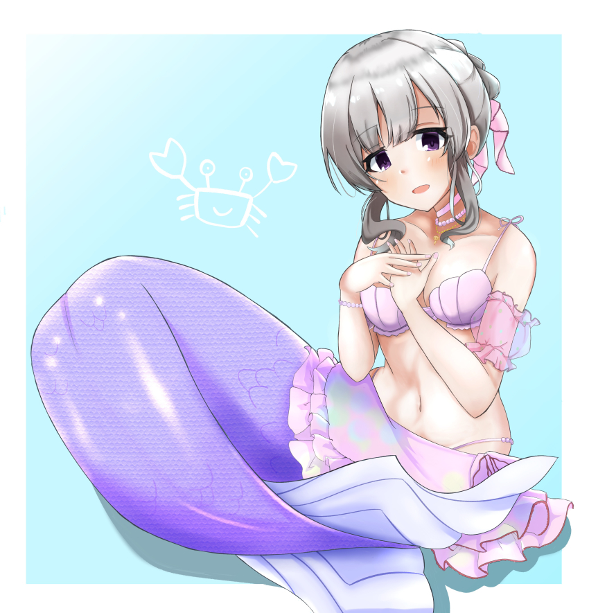 1girl, absurdres, blush, border, breasts, cleavage, collarbone, commentary_request, crab, full_body, grey_hair, highres, idolmaster, idolmaster_shiny_colors, kneeless_merfolk, long_hair, looking_at_viewer, mermaid, mk_ii_(maebrasan), monster_girl, monsterification, navel, open_mouth, purple_eyes, scales, sitting, smile, solo, white_border, yukoku_kiriko