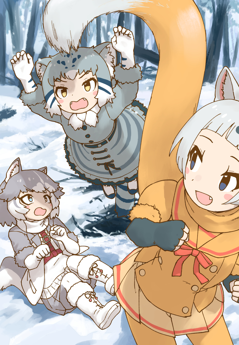 3girls, animal_ears, animal_print, black_gloves, blue_eyes, blush, boots, bow