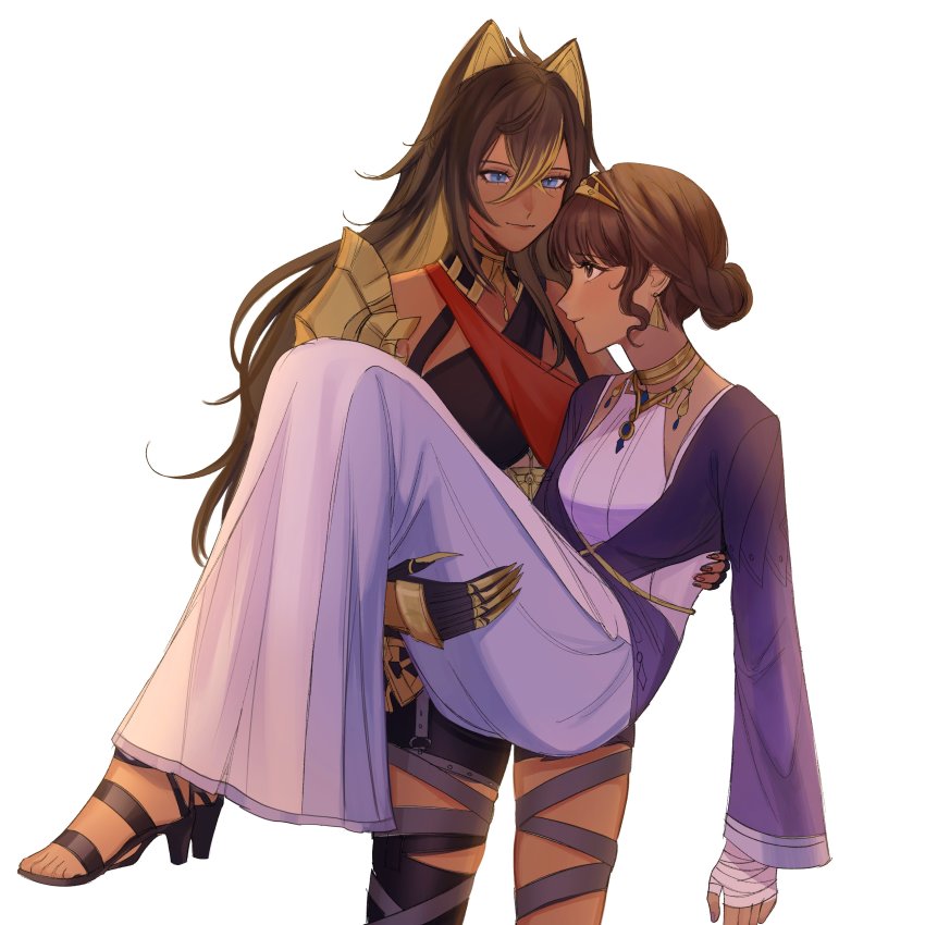 2girls, absurdres, arm_armor, armor, asymmetrical_clothes, bandaged_hand, bandages, blue_eyes