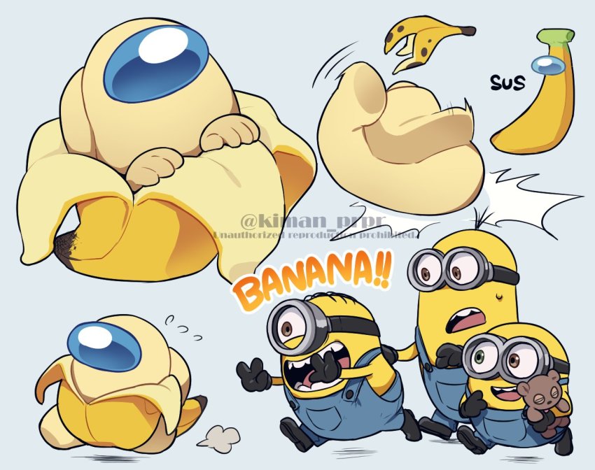 4others, among_us, banana, banana_(among_us), banana_peel, colored_skin, commentary_request, crewmate_(among_us), crossover, cyclops, despicable_me, disembodied_hand, dust_cloud, english_text, flying_sweatdrops, food, fruit, gloves, goggles, holding, holding_toy, kiman, minion_(despicable_me), minions_(movie), multiple_others, name_connection, object_namesake, one-eyed, open_mouth, overalls, running, simple_background, slipping, smile, stuffed_animal, stuffed_toy, teddy_bear, toy, tripping, twitter_username, watermark, yellow_skin