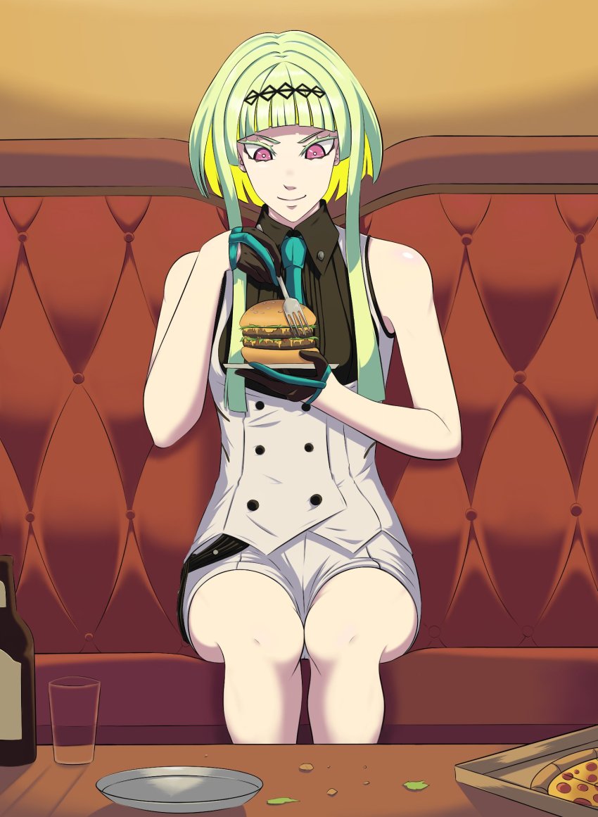 1girl, black_gloves, black_shirt, bottle, burger, buttons, couch, devil_summoner_(series)