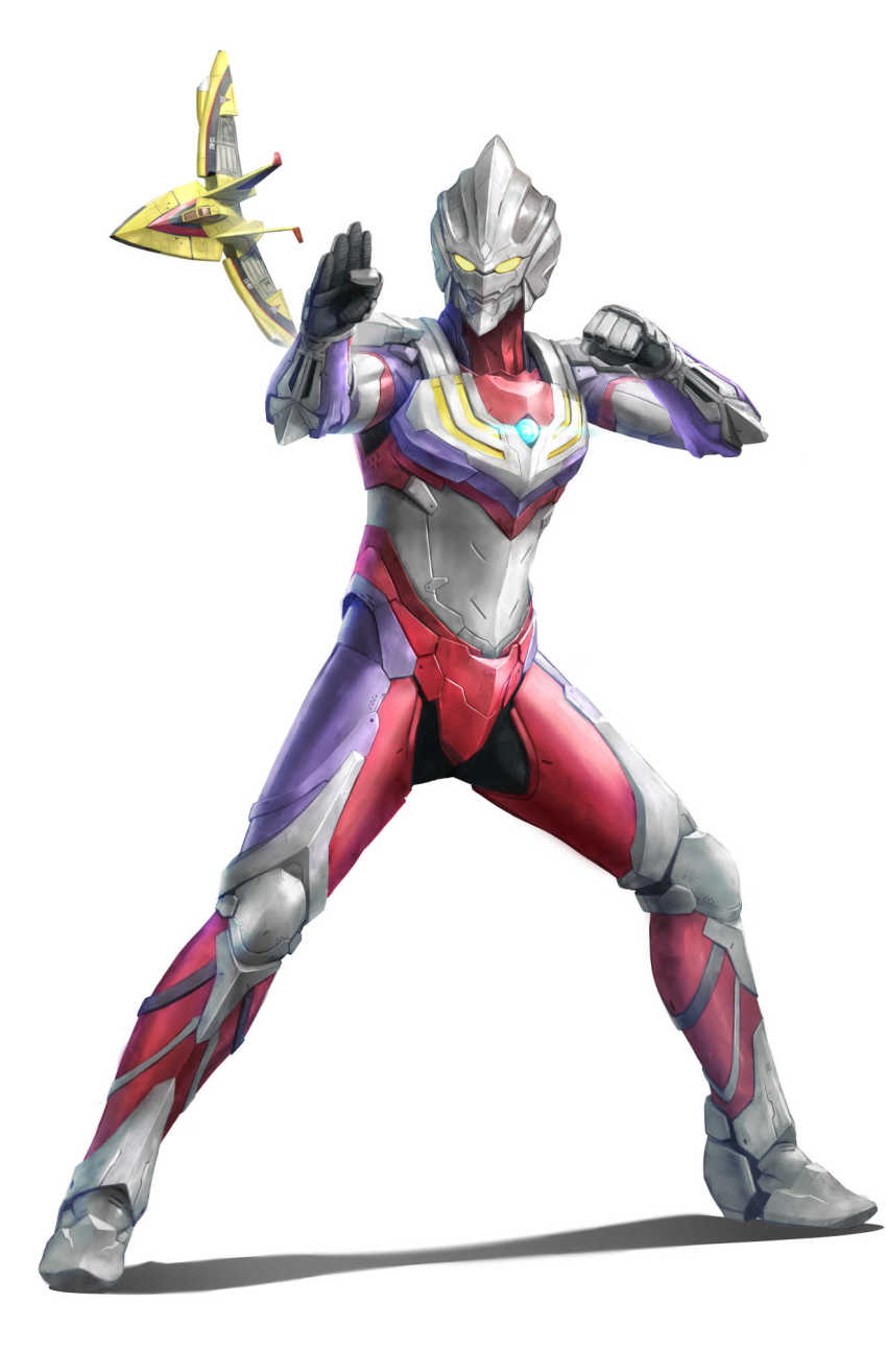 aircraft, airplane, armor, clenched_hand, fighting_stance, flying, guts_wing, highres, male_focus, neocity222, open_hand, power_armor, science_fiction, shadow, ultra_series, ultraman_(hero's_comics), ultraman_suit_(hero's_comics), ultraman_tiga, ultraman_tiga_(multi_type), ultraman_tiga_(series), yellow_eyes