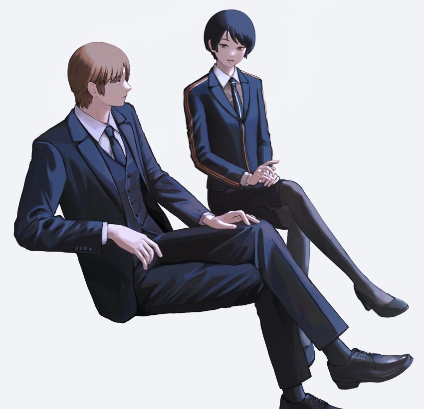 1boy, 1girl, arm_rest, black_footwear, black_jacket, black_necktie, black_pants, black_pantyhose