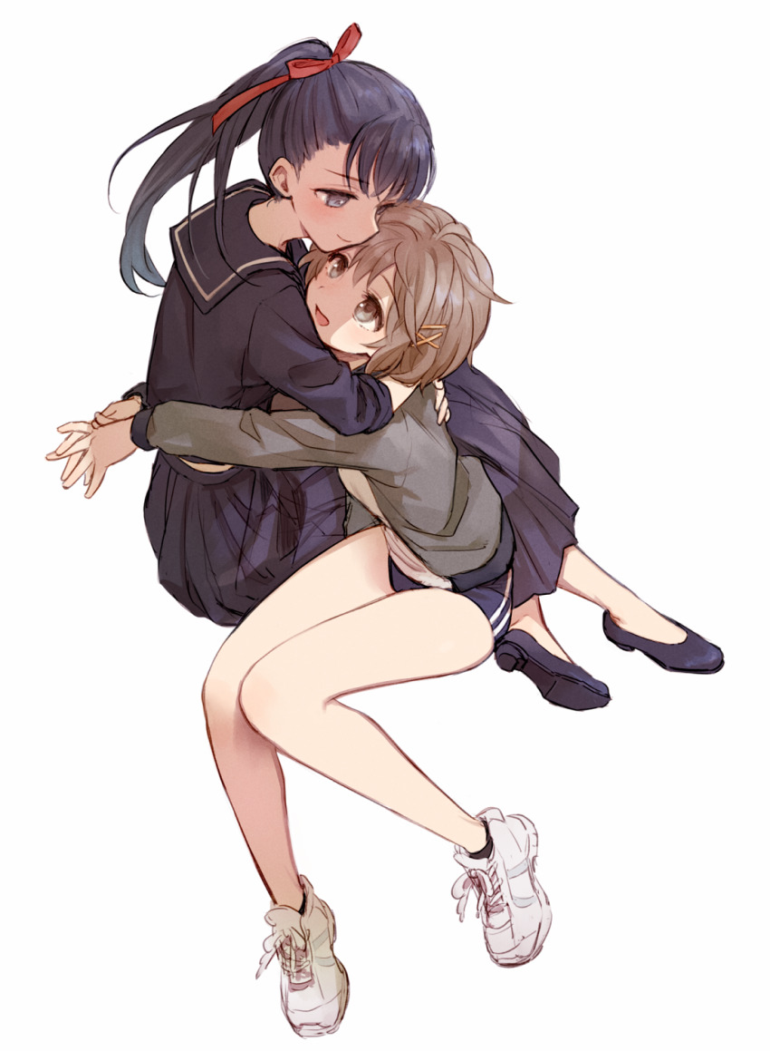 2girls, black_footwear, black_hair, black_skirt, blush, buruma, hair_ornament, hairclip