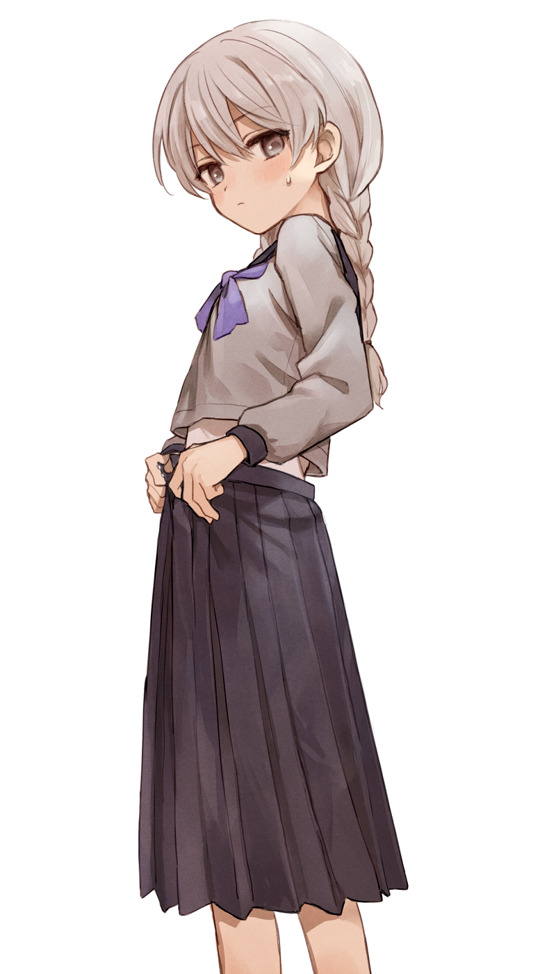 1boy, adjusting_clothes, adjusting_skirt, black_skirt, braid, crossdressing, crossdressing_(mtf), grey_eyes