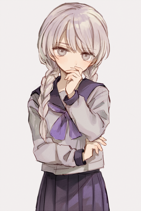 1boy, black_skirt, braid, crossdressing, crossdressing_(mtf), grey_eyes, grey_hair, juusan_kihei_bouei_ken