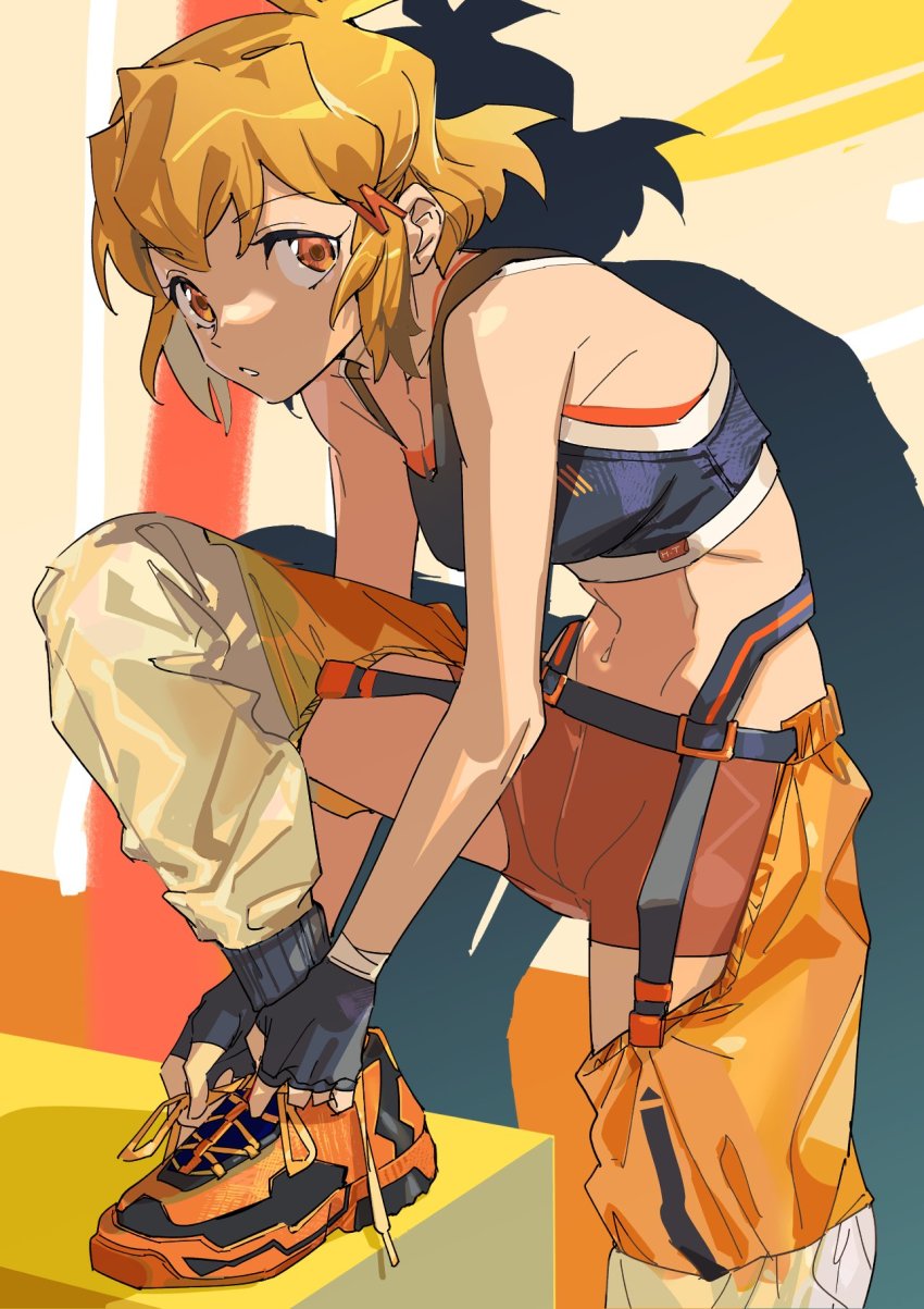 1girl, alternate_costume, black_gloves, black_sports_bra, breasts, chaps, collarbone, fingerless_gloves