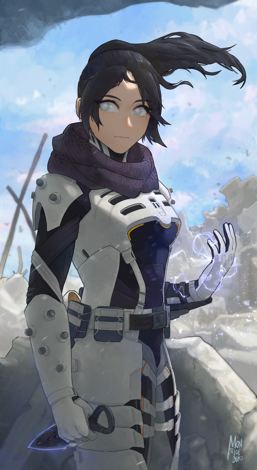 1girl, absurdres, alternate_hairstyle, animification, apex_legends, armor, breasts, cloud, electricity, floating_hair, gloves, grey_eyes, grey_gloves, highres, holding, holding_knife, hope's_dusk_(apex_legends), knife, kunai, mon_(icebuko), official_alternate_costume, open_hand, parted_bangs, purple_scarf, scarf, sky, small_breasts, solo, voidwalker_wraith, weapon, wraith_(apex_legends)