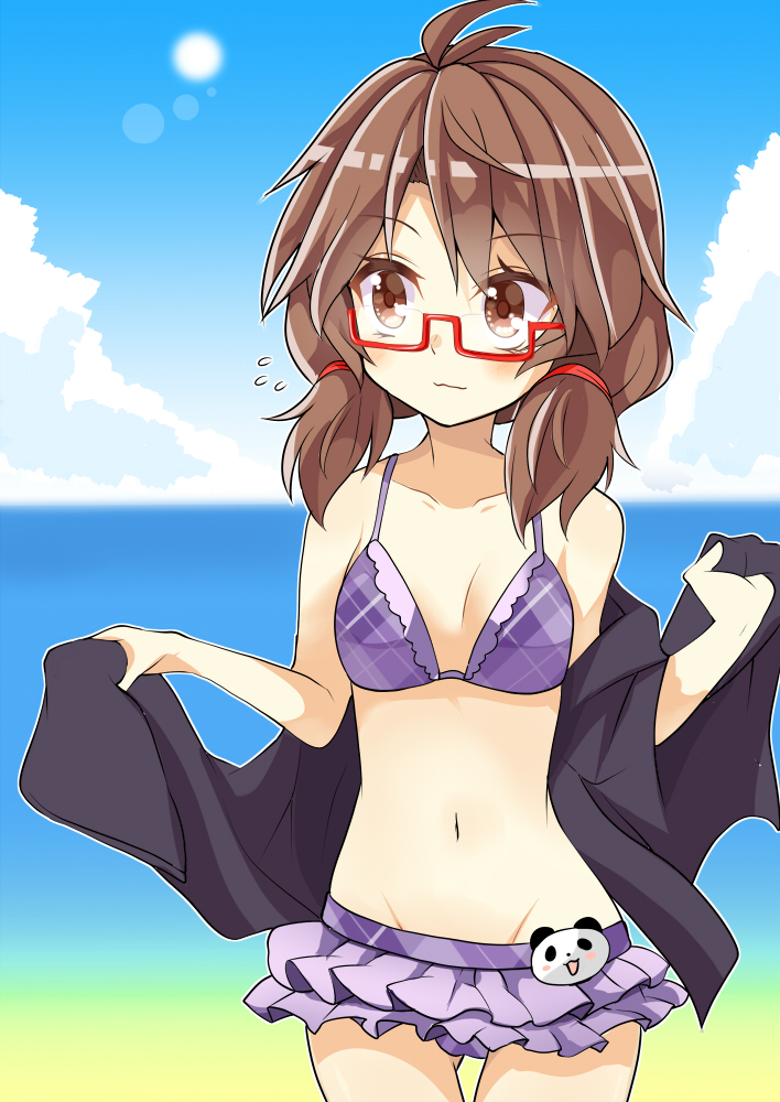 beach, blush, brown_eyes, brown_hair, cape, clear_sky, collarbone, frilled_skirt