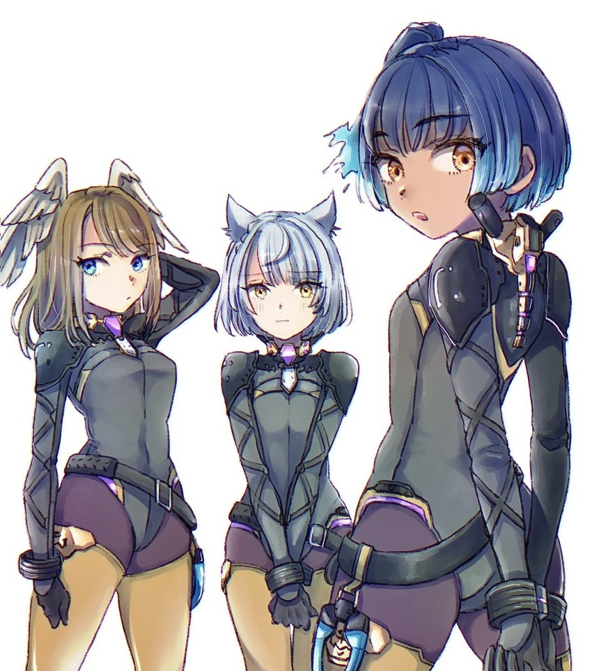 3girls, animal_ears, arm_up, arms_behind_back, blue_eyes, blue_hair, brown_eyes, brown_hair, cat_ears, cosplay, cropped_legs, eunie_(xenoblade), fiery_hair, gari_osushi, grey_hair, head_wings, highres, leotard, medium_hair, mio_(xenoblade), multicolored_hair, multiple_girls, official_alternate_costume, own_hands_together, segiri_(xenoblade), segiri_(xenoblade)_(cosplay), sena_(xenoblade), short_hair, side_ponytail, simple_background, thighhighs, two-tone_hair, wings, xenoblade_chronicles_(series), xenoblade_chronicles_3, yellow_eyes, yellow_thighhighs