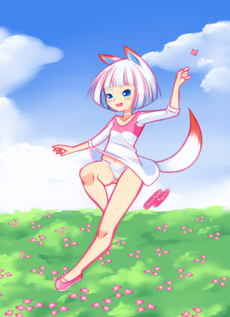 1girl, animal_ears, blue_eyes, blush, breasts, choker, cloud, collarbone