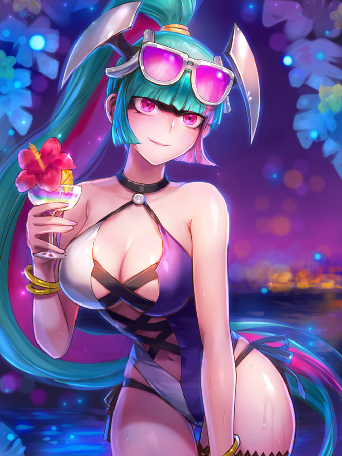 1girl, blunt_bangs, breasts, cleavage, closed_mouth, cocktail, cocktail_glass, colored_inner_hair, cup, drinking_glass, elico_nya, green_hair, high_ponytail, holding, holding_cup, large_breasts, lilin_(nyanko_daisensou), long_hair, looking_at_viewer, multicolored_hair, navel, nyanko_daisensou, one-piece_swimsuit, ponytail, purple_eyes, purple_hair, smile, solo, swimsuit, two-tone_hair, two-tone_swimsuit