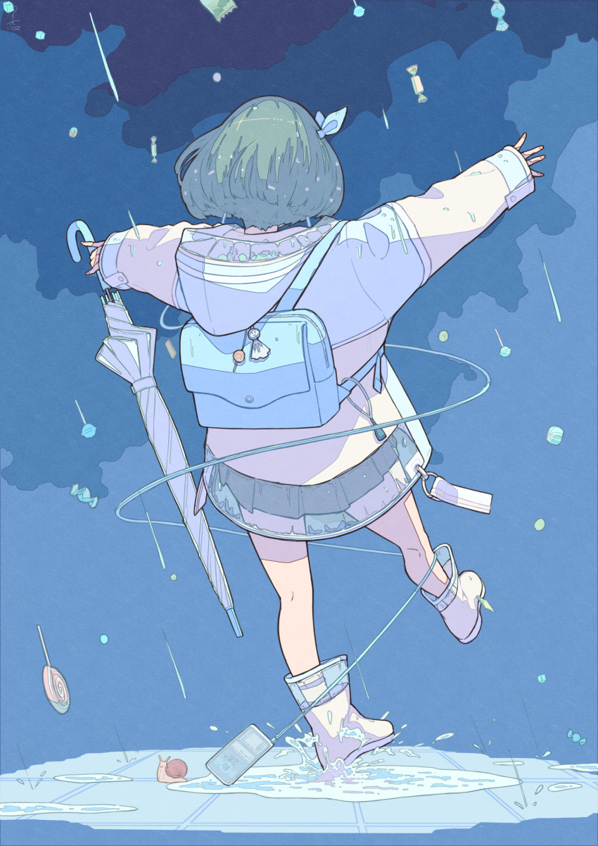 1girl, animal, aqua_hair, backpack, bag, bizarre_rain, blue_background, blue_bag