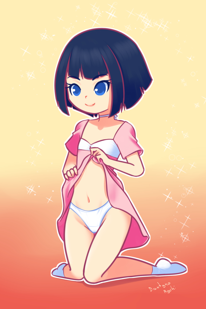 1girl, alternate_hair_color, black_hair, blue_eyes, choker, clothes_lift, crotch_seam, drantyno, dress, dress_lift, flat_chest, fuyu_(ryuhi), kneeling, navel, orange_background, panties, pink_dress, short_hair, short_sleeves, smile, socks, sparkle, two-tone_background, underwear, white_panties, white_socks, yellow_background