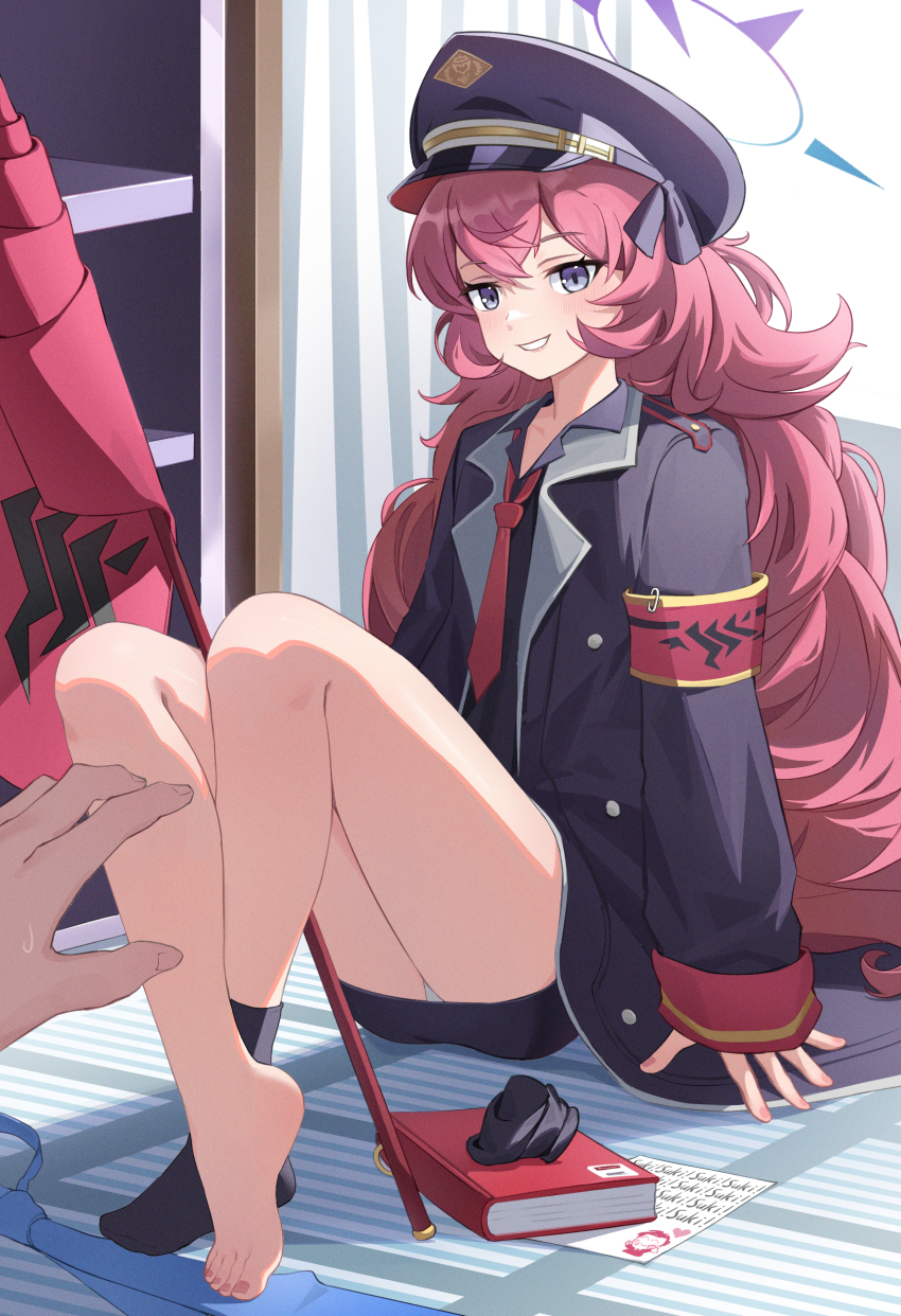 1girl, absurdres, armband, black_shirt, blue_archive, book, collared_shirt, flag