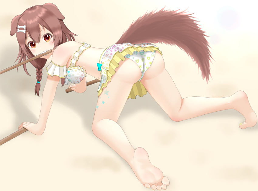 1girl, all_fours, animal_ears, artist_name, ass, bare_legs, barefoot, beach, bikini, blush, braid, breasts, brown_hair, commentary_request, dog_ears, dog_girl, dog_tail, feet, floppy_ears, frilled_bikini, frills, from_behind, full_body, highres, hololive, inugami_korone, legs, long_hair, looking_back, medium_breasts, mouth_hold, nail_polish, orange_eyes, print_bikini, shadow, sidelocks, soles, solo, swimsuit, tail, tamagotozi3420, teeth_hold, thighs, toenail_polish, toenails, toes, twin_braids, virtual_youtuber, white_bikini, yellow_bikini, yellow_nails