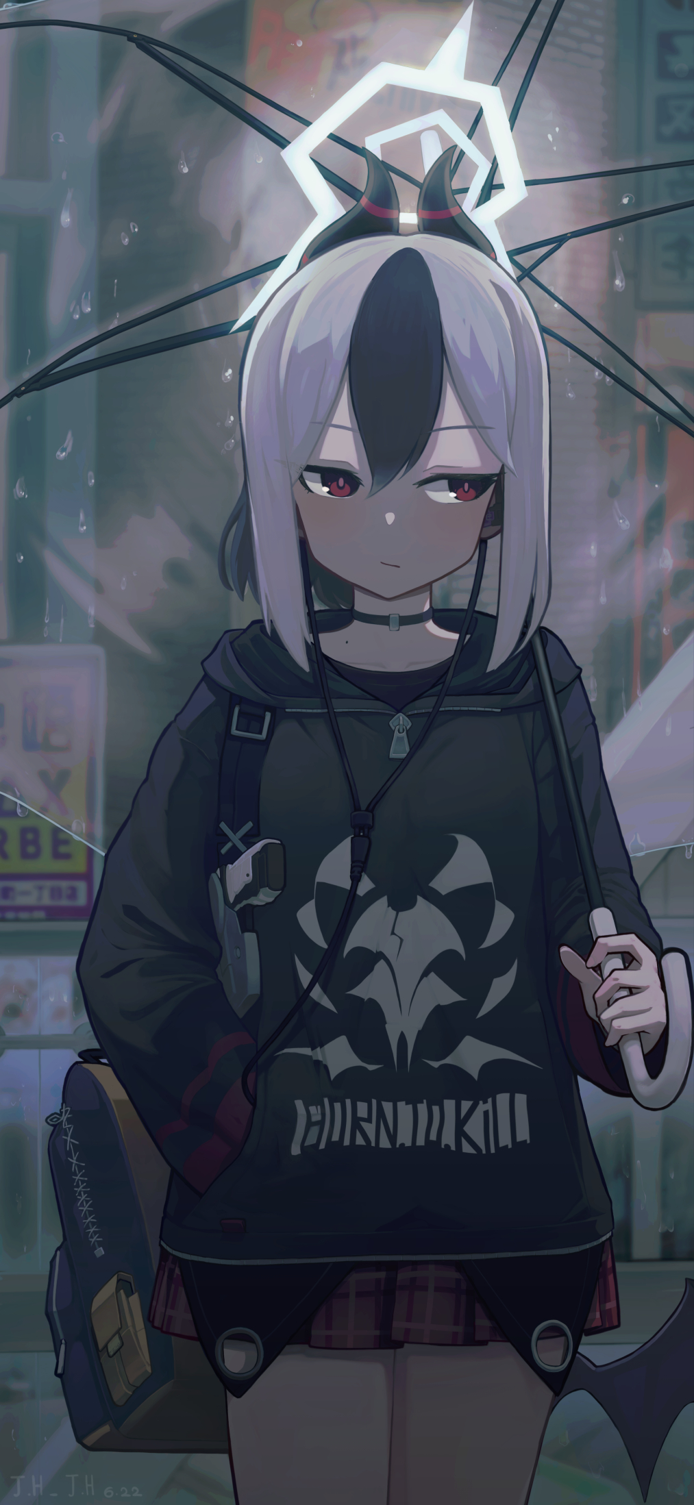 1girl, black_hair, black_hoodie, blue_archive, choker, demon_horns, demon_wings, ear_piercing