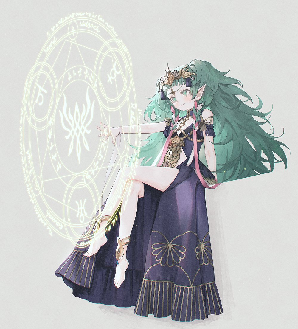 1girl, 21_(nijuichinichi), anklet, arm_support, bare_shoulders, barefoot, blunt_bangs, braid, commentary, crossed_legs, detached_collar, dress, feet, fire_emblem, fire_emblem:_three_houses, flat_chest, forehead_jewel, full_body, green_eyes, green_hair, grey_background, hair_ornament, hair_ribbon, heart, jewelry, long_hair, looking_away, magic_circle, nintendo, off-shoulder_dress, off_shoulder, outstretched_arm, plantar_flexion, pointy_ears, purple_dress, red_ribbon, ribbon, ribbon_braid, side_braid, sidelocks, simple_background, sitting, smile, solo, sothis_(fire_emblem), untranslatable_commentary, tassel, tassel_hair_ornament, tiara, twin_braids, two_side_up, very_long_hair, white_ribbon, wrist_ribbon