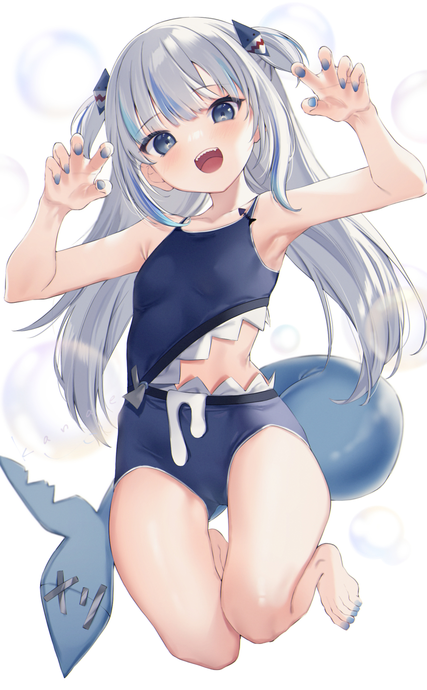 1girl, barefoot, blue_eyes, blue_hair, blue_one-piece_swimsuit, blunt_bangs, casual_one-piece_swimsuit, curled_fingers, fins, fish_tail, gawr_gura, grey_hair, hair_ornament, highres, hololive, hololive_english, kanae_(inorin05kanae), looking_at_viewer, medium_hair, multicolored_hair, nail_polish, one-piece_swimsuit, shark_girl, shark_hair_ornament, shark_tail, sharkbite_swimsuit, sharp_teeth, solo, streaked_hair, swimsuit, tail, teeth, two_side_up, virtual_youtuber, white_hair
