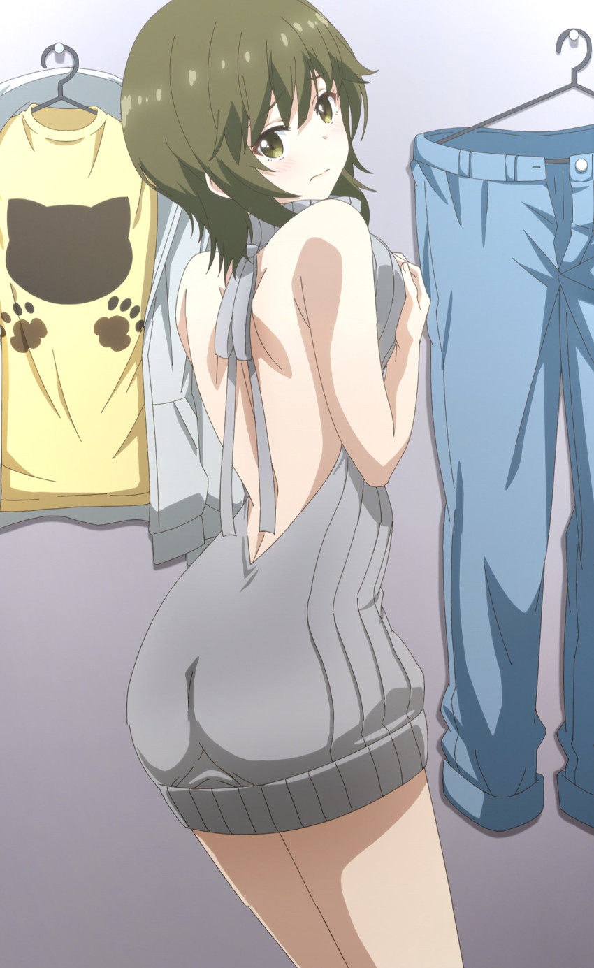 1girl, absurdres, anime_screenshot, ass, back, backless_outfit, bare_shoulders, blush