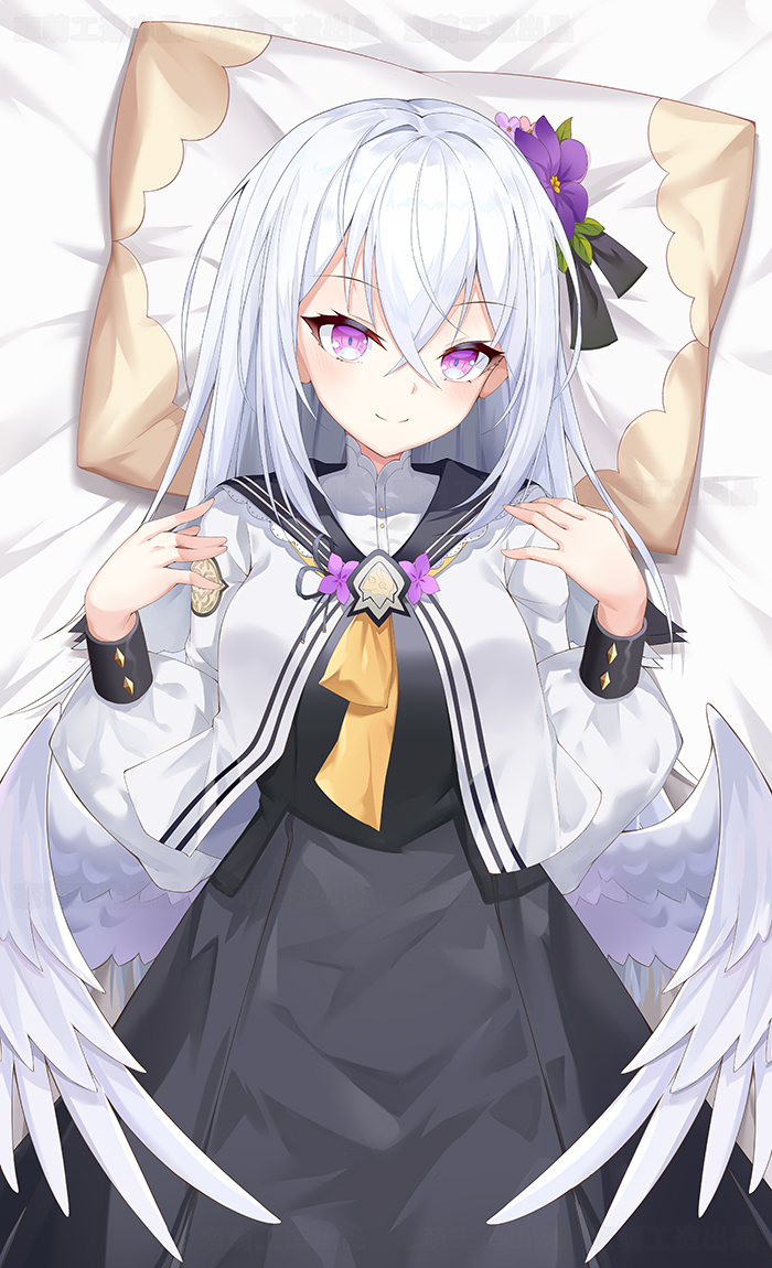 1girl, ahoge, angel_wings, azusa_(blue_archive), blue_archive, closed_mouth, dress, flower