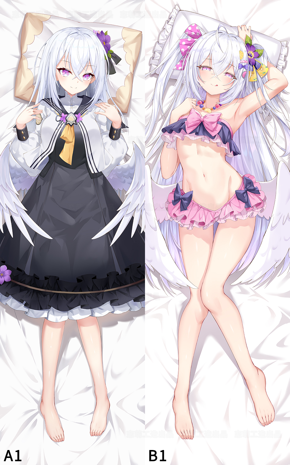1girl, ahoge, azusa_(blue_archive), azusa_(swimsuit)_(blue_archive), barefoot, bikini, blue_archive, blue_bow, blush, bow, breasts, closed_mouth, dakimakura_(medium), flower, frilled_skirt, frills, grey_hair, hair_between_eyes, hair_flower, hair_ornament, hair_ribbon, highres, long_hair, looking_at_viewer, lying, multiple_views, on_back, parted_lips, pink_eyes, pink_flower, pink_skirt, purple_flower, ribbon, school_uniform, skirt, small_breasts, smile, swimsuit, very_long_hair, white_bikini, yamano_serika, yellow_flower