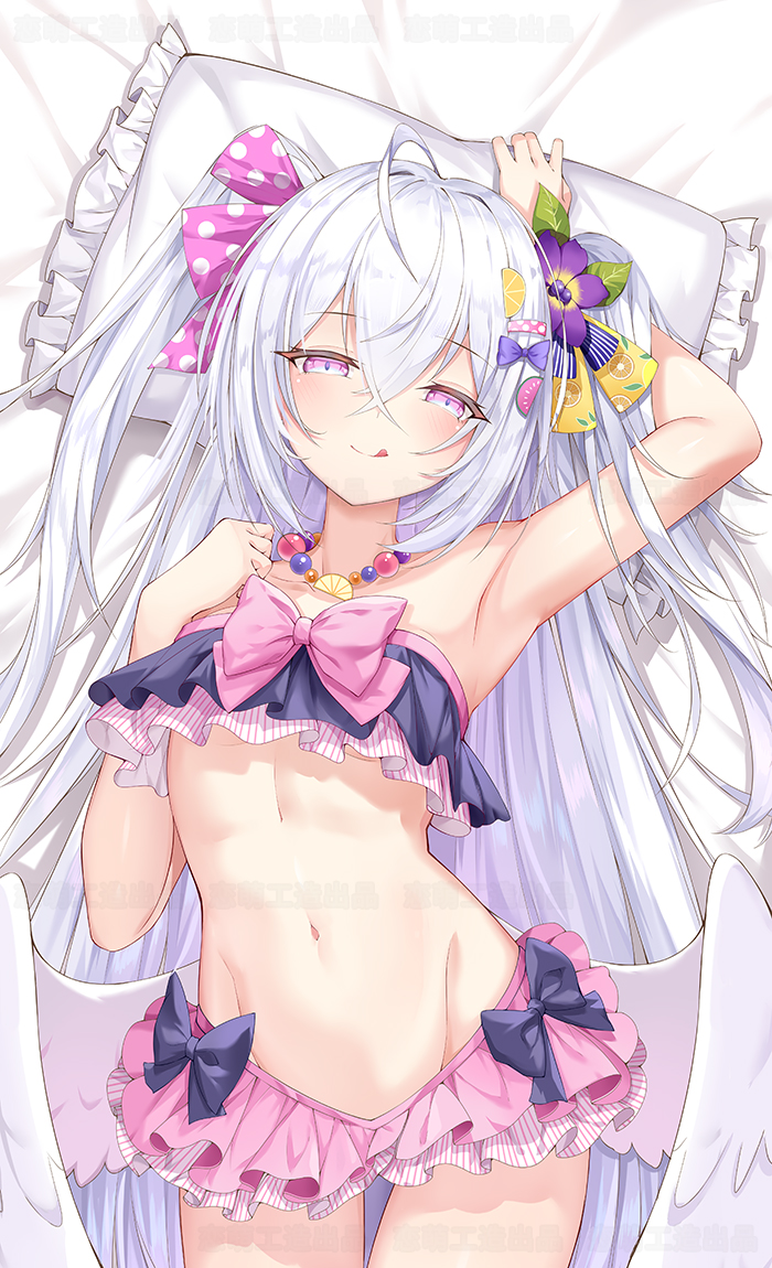 1girl, ahoge, azusa_(blue_archive), azusa_(swimsuit)_(blue_archive), bikini, blue_archive, blue_bow, blush, bow, breasts, closed_mouth, cowboy_shot, dakimakura_(medium), flower, frilled_skirt, frills, grey_hair, groin, hair_between_eyes, hair_flower, hair_ornament, hair_ribbon, long_hair, looking_at_viewer, lying, on_back, pink_eyes, pink_flower, pink_skirt, purple_flower, ribbon, skirt, small_breasts, smile, swimsuit, very_long_hair, yamano_serika, yellow_flower
