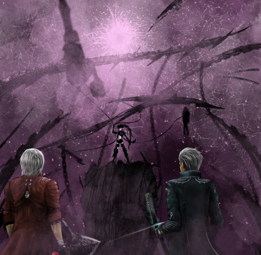 1girl, 2boys, armor, belt, black_hair, black_rock_shooter, black_shorts, boots