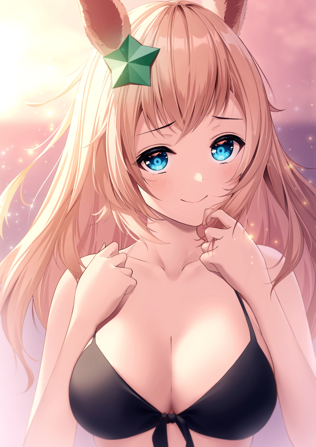 1girl, bare_shoulders, bikini, black_bikini, blue_eyes, blurry, blurry_background, blush