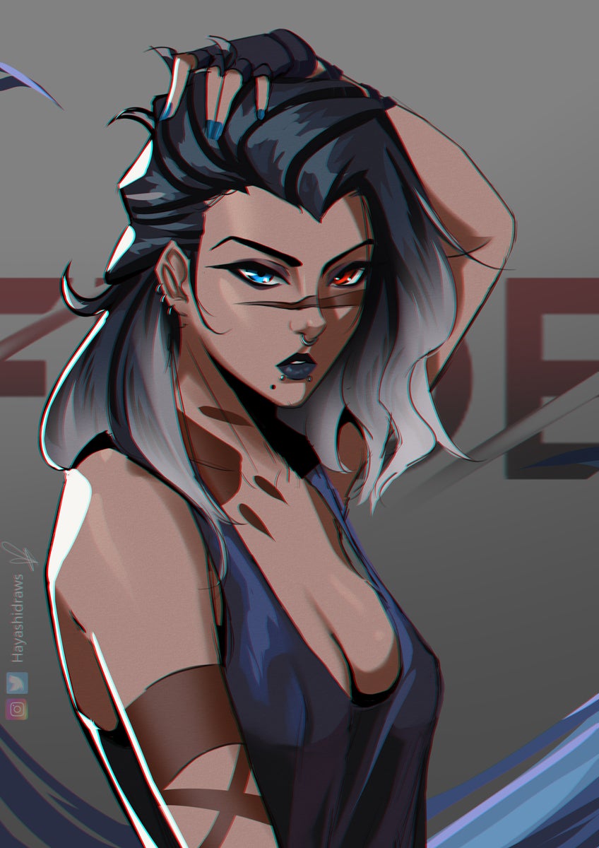 1girl, arm_tattoo, bad_link, bad_reddit_link, black_hair, blue_dress, breasts, chromatic_aberration