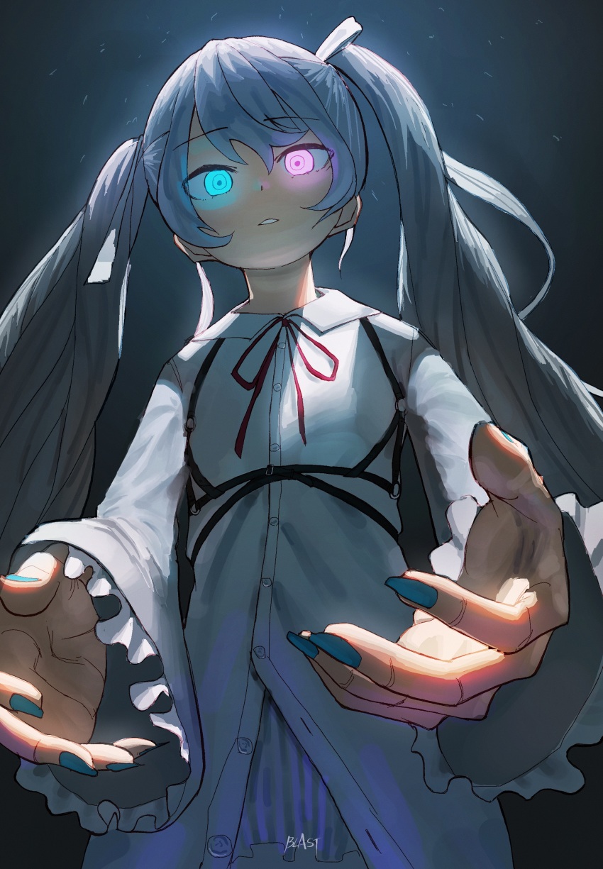 1girl, 25-ji_miku, 25-ji_nightcord_de._(project_sekai), absurdres, blast-7, blue_eyes, blue_hair, blue_nails