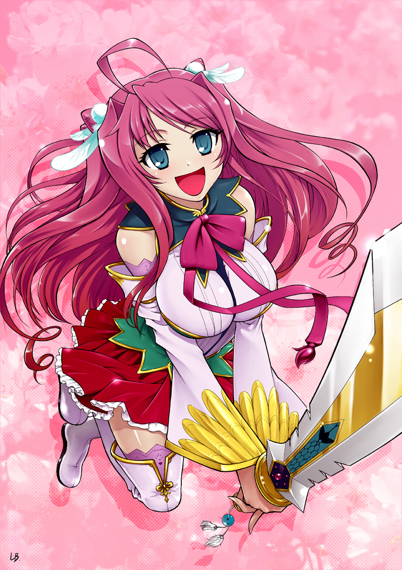 ahoge, blue_eyes, boots, bow, breasts, cone_hair_bun, foreshortening, hair_bun