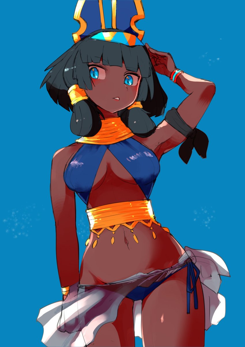 1girl, absurdres, armpits, bare_shoulders, blue_background, blue_eyes, bracelet, breasts, dark-skinned_female, dark_skin, dragalia_lost, hair_ornament, hair_tubes, highres, jewelry, looking_to_the_side, navel, nefaria, nikukaiq, parted_lips, see-through_clothes, sideboob, solo, swimsuit, underboob, wristband