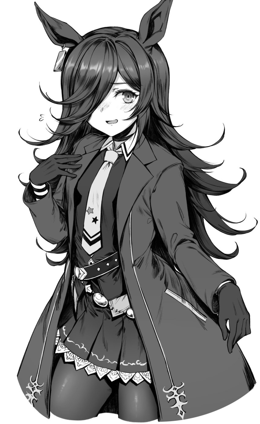 1girl, alternate_costume, animal_ears, breasts, commentary_request, cosplay, gloves, greyscale