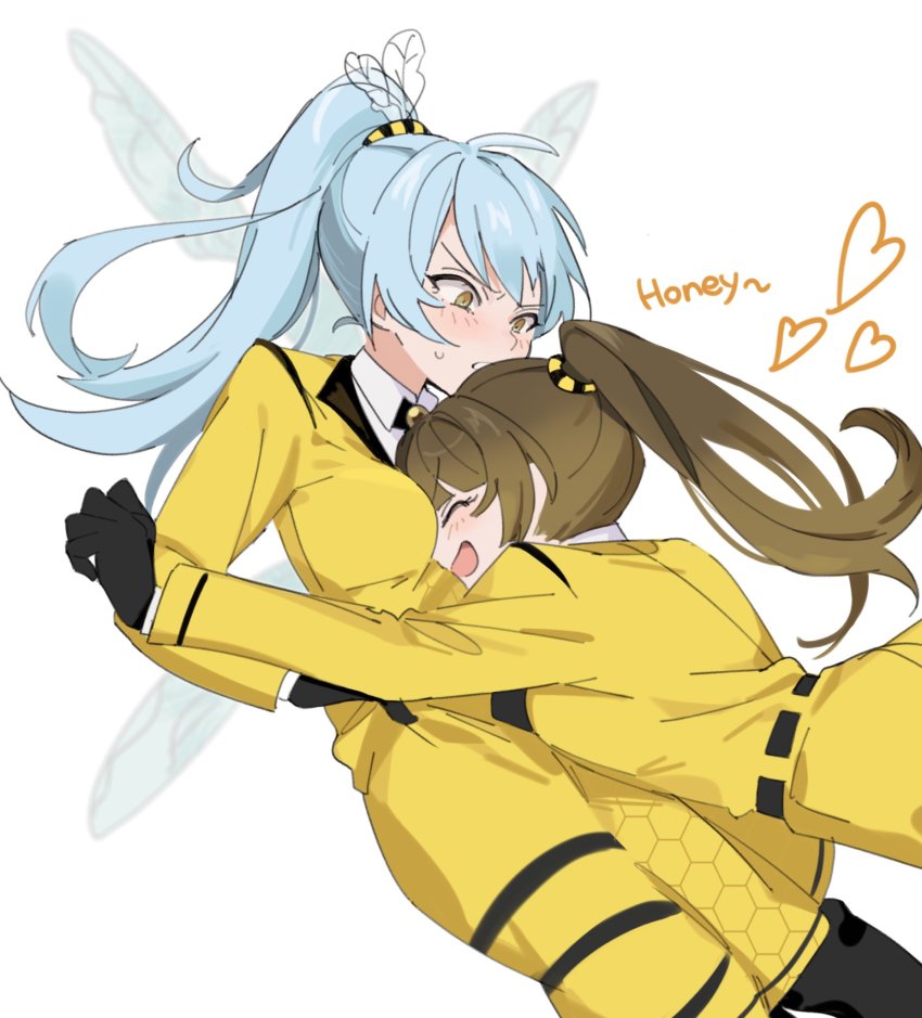 2girls, :d, ^_^, angela_(project_moon), belt, between_breasts, black_belt, black_gloves, black_pantyhose, blue_hair, blunt_bangs, blush, breasts, brooch, brown_hair, closed_eyes, coat_dress, collared_shirt, dress, e.g.o_(project_moon), english_text, face_between_breasts, feet_out_of_frame, gloves, hair_ornament, head_between_breasts, heart, highres, honeycomb_(pattern), honeycomb_print, hornet_(e.g.o), insect_wings, jewelry, library_of_ruina, light_blue_hair, looking_at_another, malkuth_(project_moon), mu46016419, multiple_girls, open_mouth, pantyhose, ponytail, project_moon, queen_bee_(project_moon), shirt, simple_background, smile, sweatdrop, upper_body, v-shaped_eyebrows, white_background, white_shirt, wing_hair_ornament, wings, yellow_dress, yellow_eyes, yuri