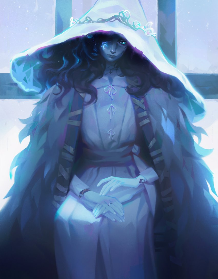 1girl, absurdres, blue_skin, cape, cloak, colored_skin, cracked_skin, doll_joints, dress, elden_ring, extra_arms, extra_faces, fur_cape, fur_cloak, glowing, glowing_tattoo, hat, hat_ornament, highres, joints, large_hat, ranni_the_witch, robe, sasha_tudvaseva, sitting, solo, tattoo, witch_hat, wreath