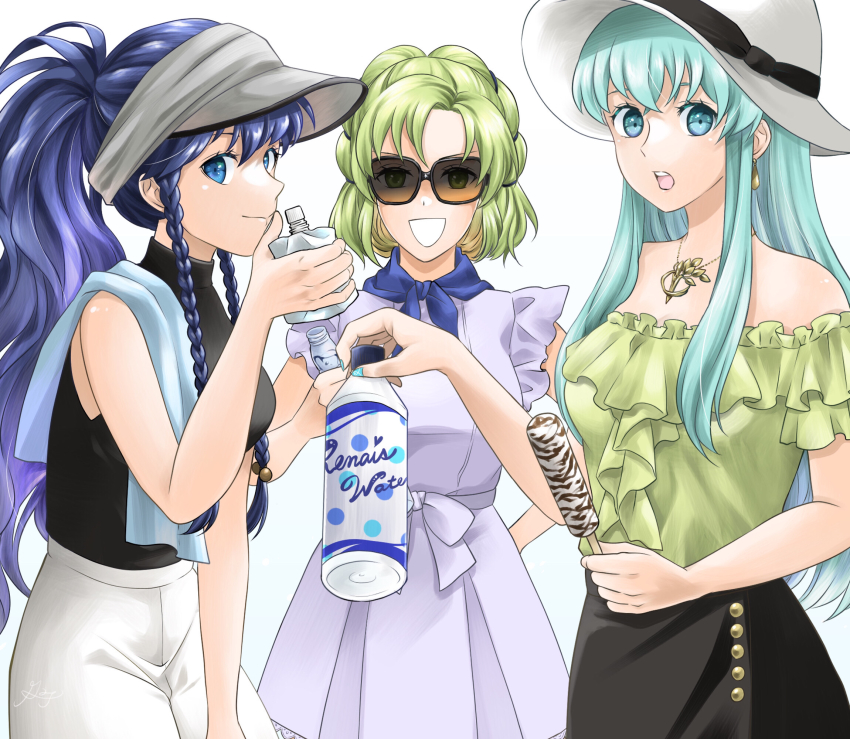 3girls, alternate_costume, aqua_eyes, aqua_hair, bare_shoulders, black_shirt, blue_eyes, blue_hair