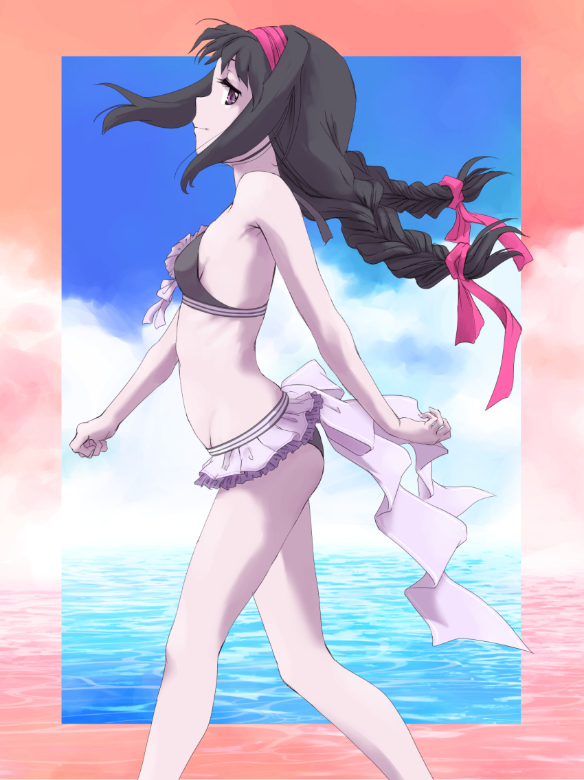 1girl, akemi_homura, akemi_homura_(swimsuit_ver.), bare_arms, bare_legs, bikini, bikini_skirt, black_bikini, black_hair, blue_sky, braid, breasts, closed_mouth, cloud, floating_hair, frilled_skirt, frills, from_side, groin, hair_ribbon, hairband, highres, loli, long_hair, mahou_shoujo_madoka_magica, marutaya, microskirt, ocean, profile, purple_eyes, red_hairband, red_ribbon, ribbon, sideboob, skirt, sky, small_breasts, solo, swimsuit, twin_braids, twintails, white_skirt