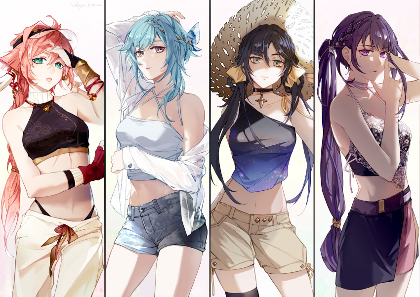 4girls, absurdres, alternate_costume, antlers, arm_up, bare_arms, bare_shoulders, black_hair, black_shirt, black_thighhighs, blue_hair, blue_shorts, breasts, bridal_gauntlets, choker, cleavage, cowboy_shot, criss-cross_halter, crop_top, denim, denim_shorts, eula_(genshin_impact), genshin_impact, gold_trim, green_eyes, halterneck, hand_on_own_head, hat, highres, horns, index_finger_raised, ljayu, long_hair, low_twintails, medium_breasts, midriff, mole, mole_under_eye, mona_(genshin_impact), multiple_girls, navel, off_shoulder, open_clothes, open_mouth, open_shirt, pendant_choker, pink_hair, purple_eyes, purple_hair, purple_skirt, raiden_shogun, shirt, short_hair, short_sleeves, shorts, sidelocks, single_bare_shoulder, single_thighhigh, skindentation, skirt, sleeveless, sleeveless_shirt, star_(symbol), star_choker, stomach, straw_hat, thighhighs, thighs, twintails, white_shirt, white_skirt, yanfei_(genshin_impact), yellow_eyes, yellow_shorts