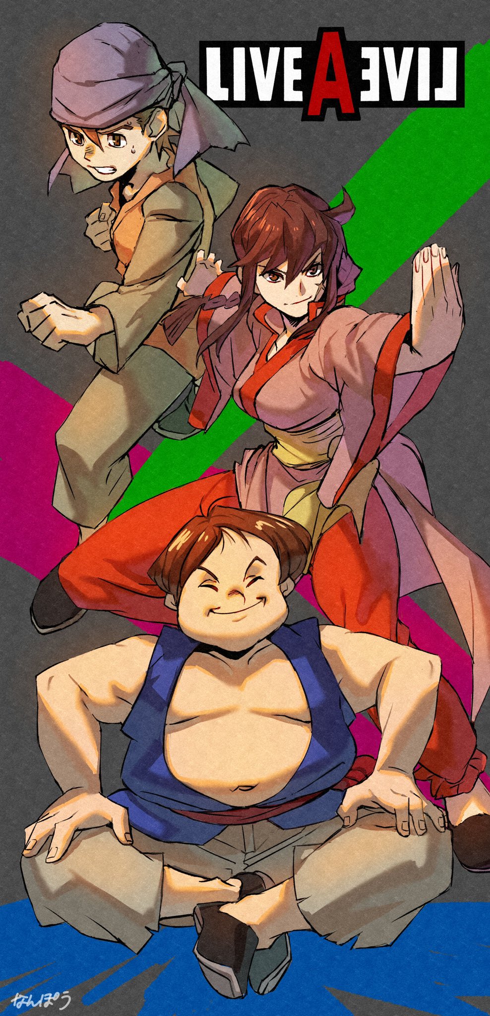 1girl, 2boys, braid, breasts, brown_hair, chinese_clothes, clenched_hands, closed_eyes, commentary_request, copyright_name, fighting_stance, full_body, highres, hong_hakka, indian_style, lei_kuugo, live_a_live, long_hair, looking_at_viewer, medium_breasts, multiple_boys, nanpou_(nanpou0021), scar, scar_on_face, sitting, sleeveless, smile, yun_jou