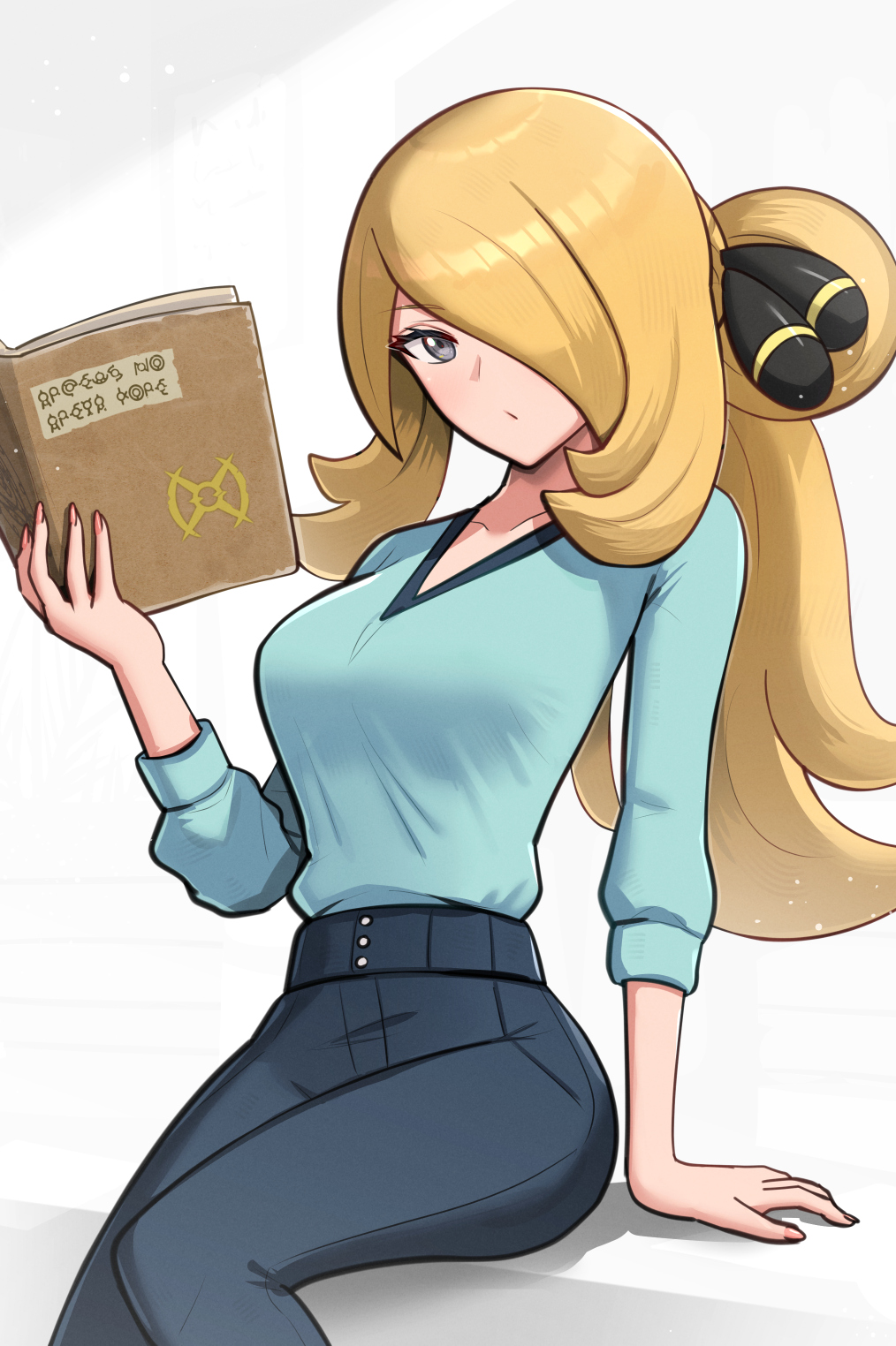 1girl, :/, black_pants, blonde_hair, blue_shirt, book, breasts, closed_mouth, cynthia_(pokemon), gen_2_pokemon, gonzarez, grey_eyes, hair_ornament, hair_over_one_eye, hand_up, highres, holding, holding_book, long_hair, long_sleeves, looking_at_viewer, nail_polish, nintendo, pants, pink_nails, pokemon, pokemon_(anime), pokemon_journeys, pokemon_swsh122, ponytail, shirt, shirt_tucked_in, sidelocks, sitting, solo, unown, v-neck