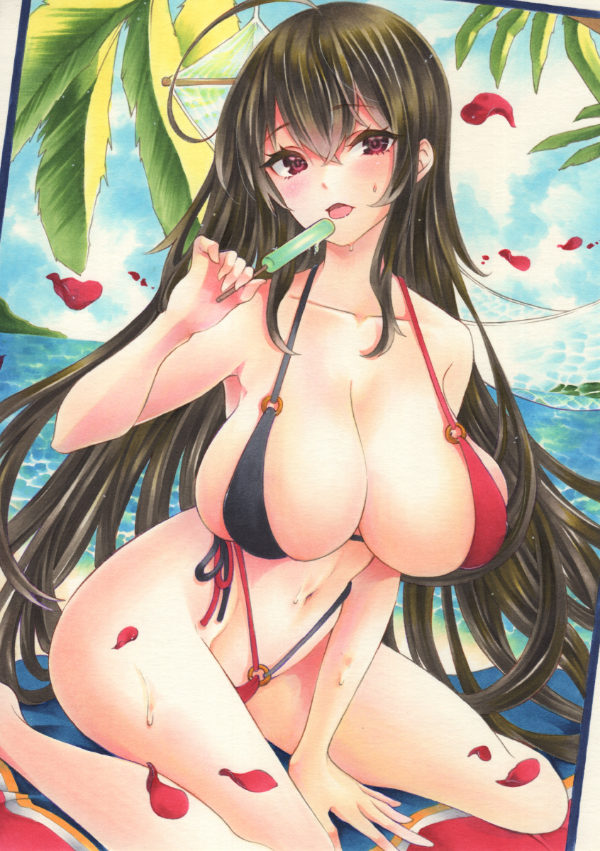 1girl, azur_lane, beach, beach_towel, black_hair, breasts, dutch_angle, food