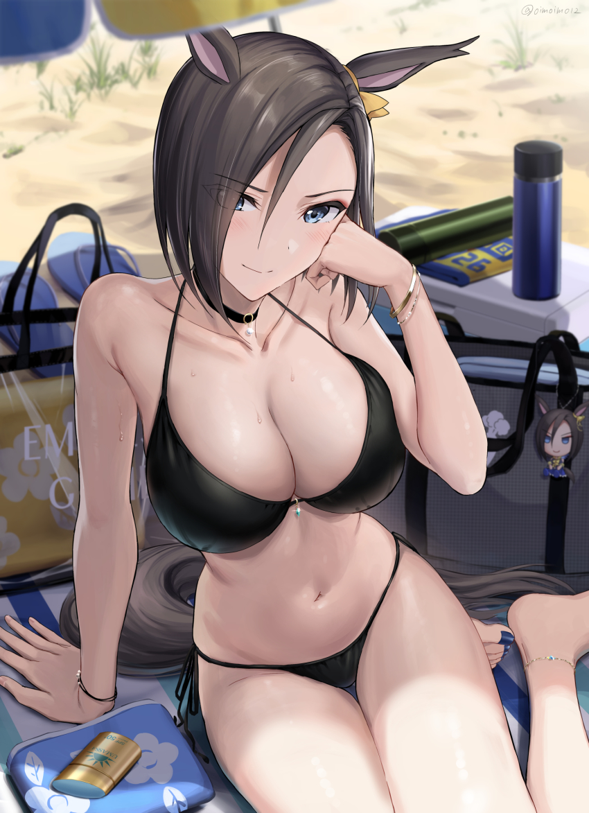 1girl, air_groove_(umamusume), animal_ears, bag, bag_charm, bare_shoulders, barefoot, beach_towel