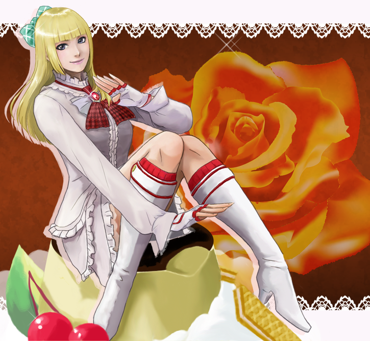 1girl, blonde_hair, boots, border, bow, cake, emilie_de_rochefort, female_focus