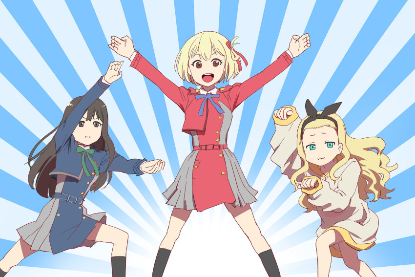 3girls, arms_up, black_hair, black_ribbon, black_socks, blonde_hair, blue_dress, blue_eyes